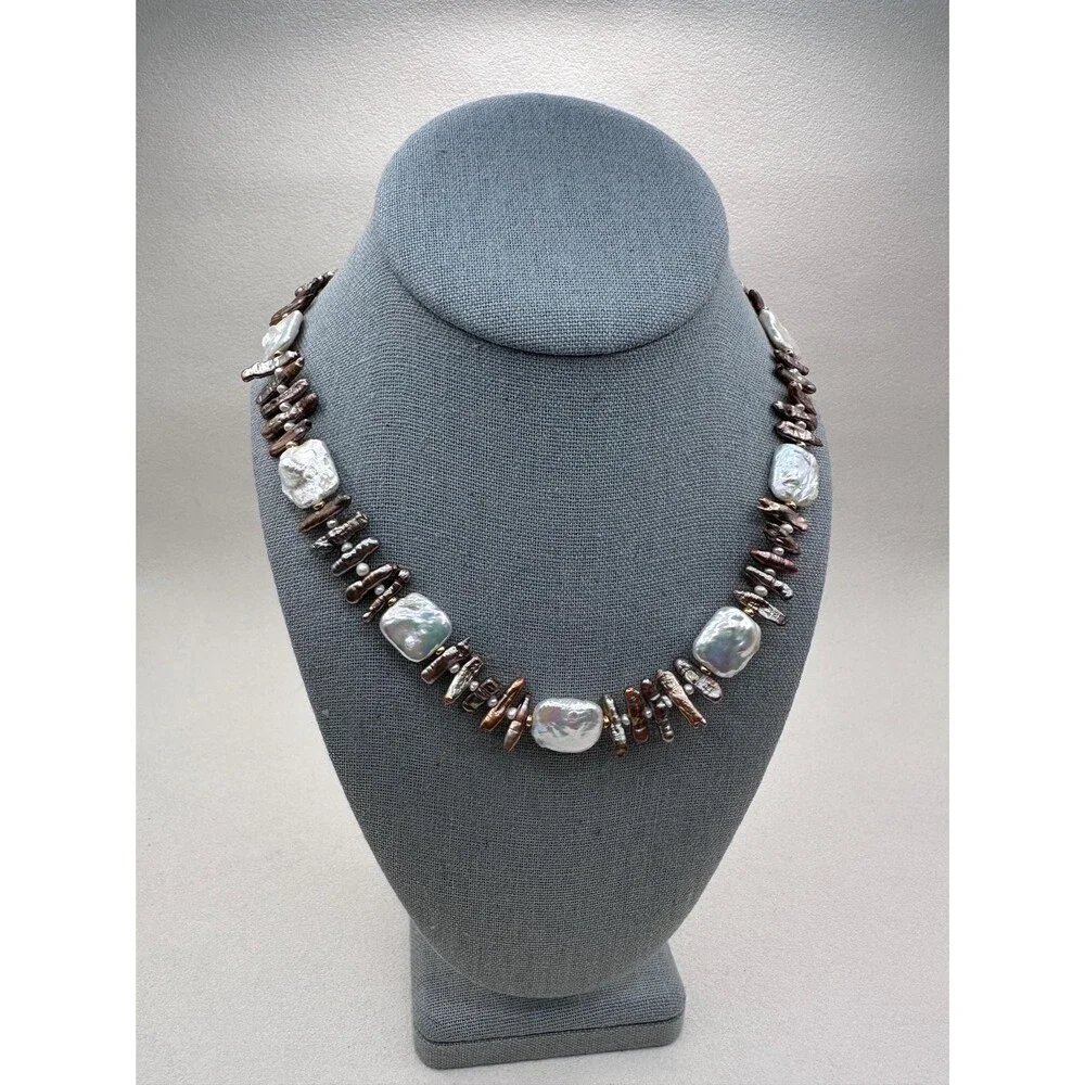 Handmade Freshwater Pearl Necklace: Biwa Stick and Square White Pearls